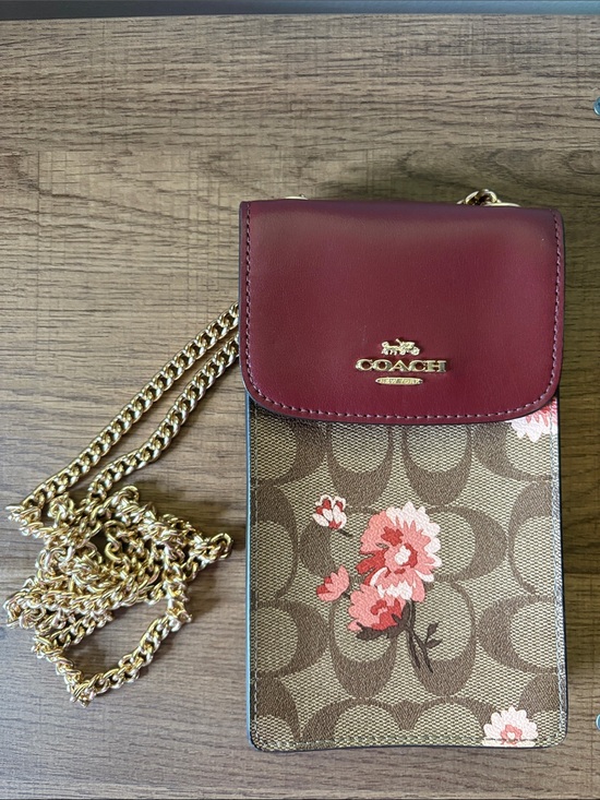 Coach Handbags - Coach Burgundy Floral Signature Crossbody Phone Bag with Gold Chain